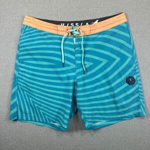 Vissla Board Shorts Mens 36 Teal Blue Striped Upcycled Poly Cotton Stretch